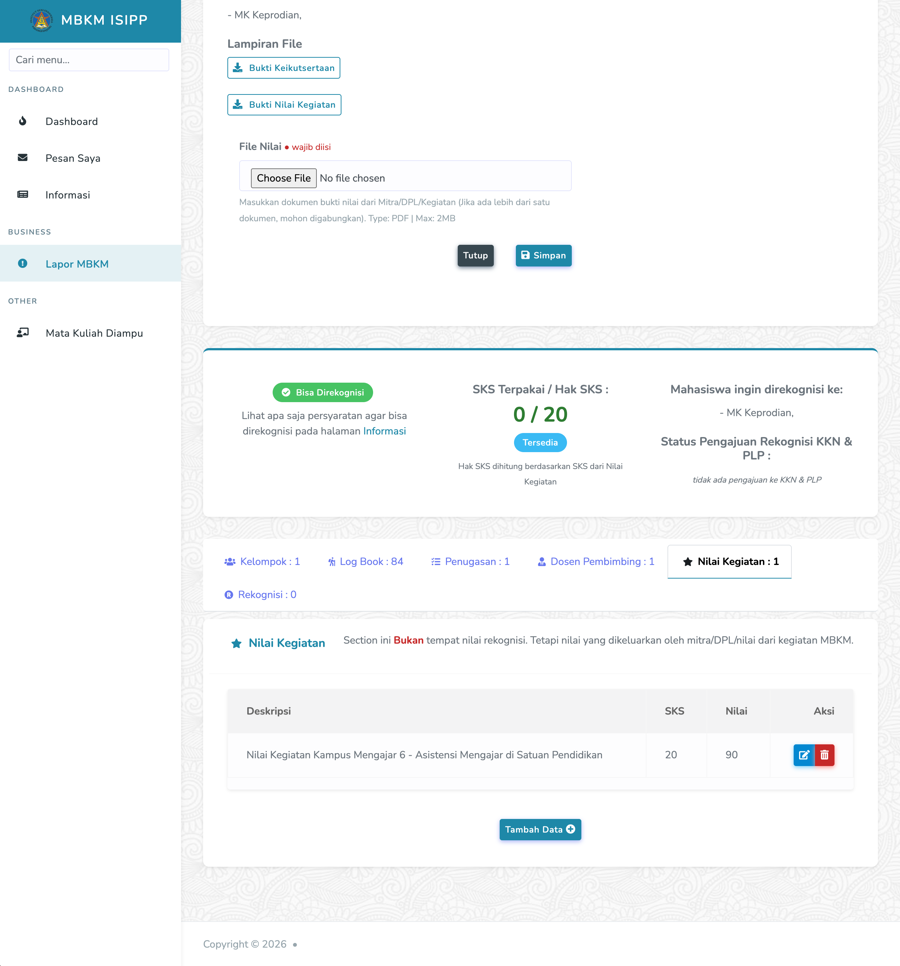 Tabel daftar nilai kegiatan